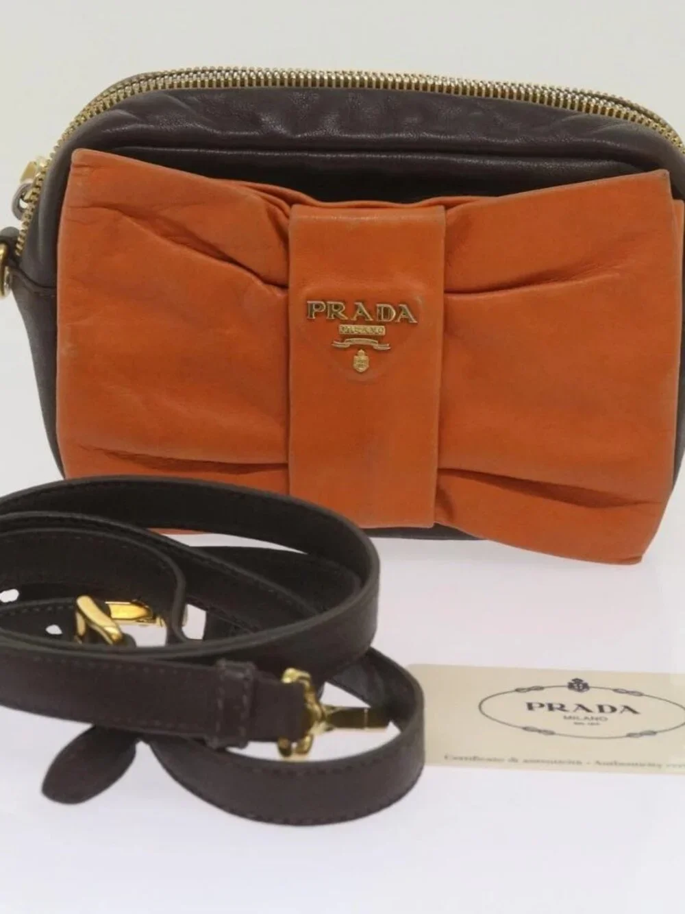 PRADA Ribbon Shoulder Bag Leather Orange Brown Auth 69111 - Picture 9 of 14